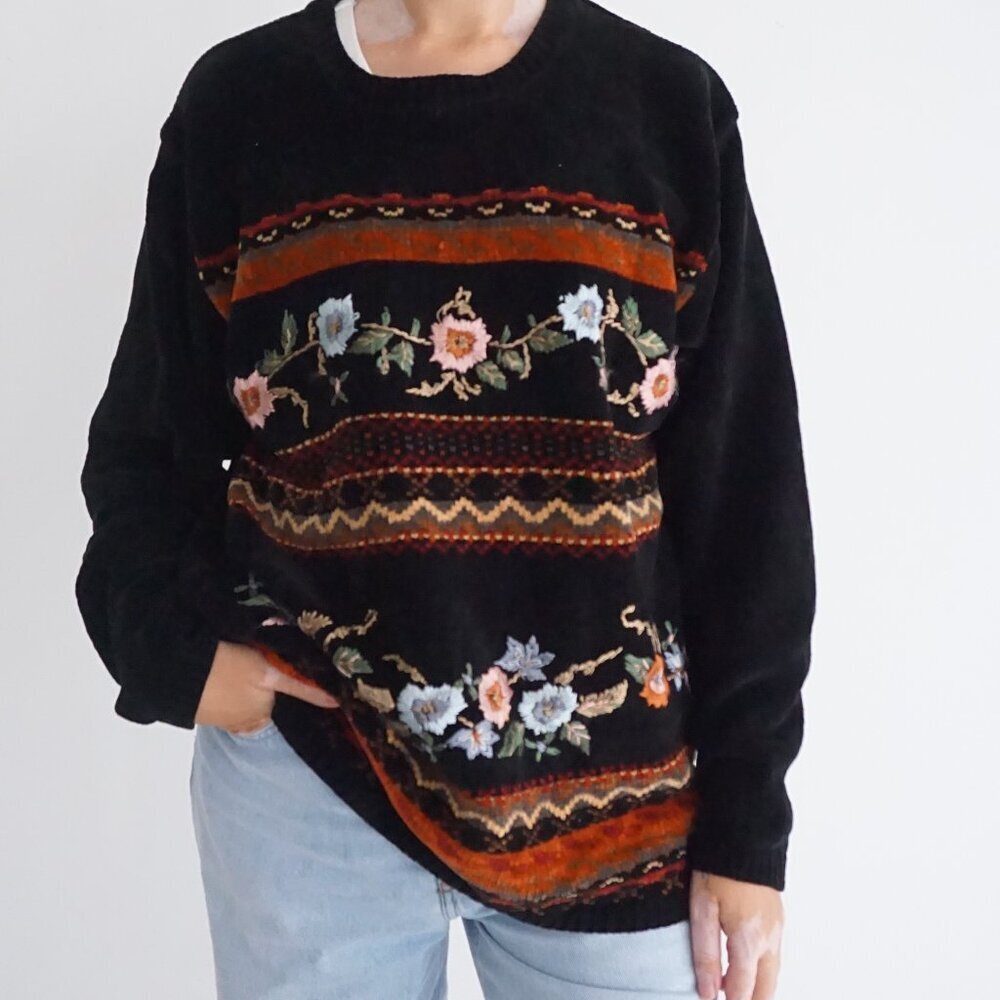 Vintage Carolyn Taylor Black Knit Floral Stripe Geometric Panel Sweater L
